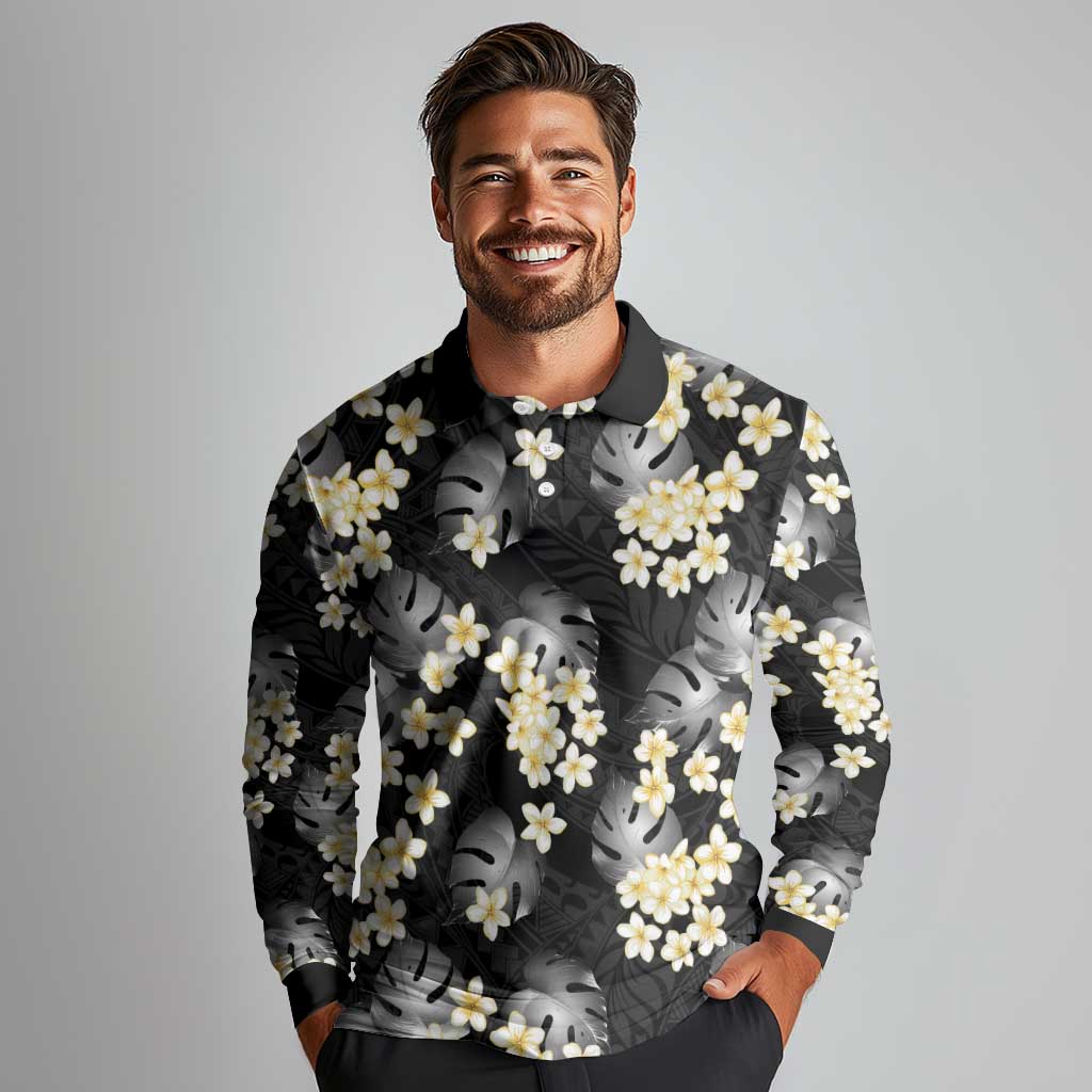 Black Tropical Hawaii Long Sleeve Polo Shirt Seamless Monstera Plumeria Hawaiian Pattern LT14 - Polynesian Pride