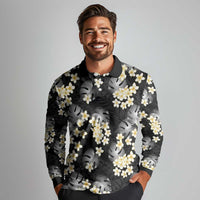 Black Tropical Hawaii Long Sleeve Polo Shirt Seamless Monstera Plumeria Hawaiian Pattern LT14 - Polynesian Pride