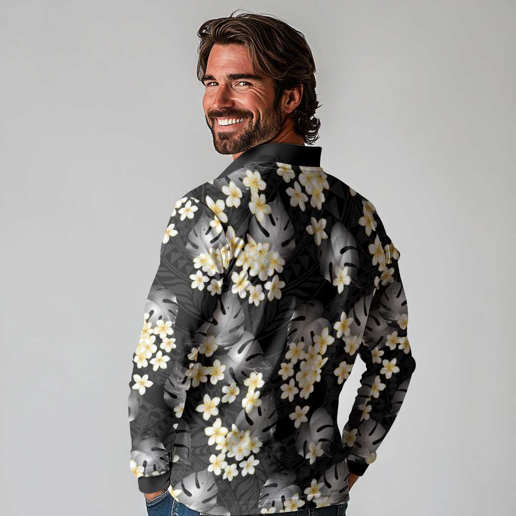 Black Tropical Hawaii Long Sleeve Polo Shirt Seamless Monstera Plumeria Hawaiian Pattern LT14 - Polynesian Pride