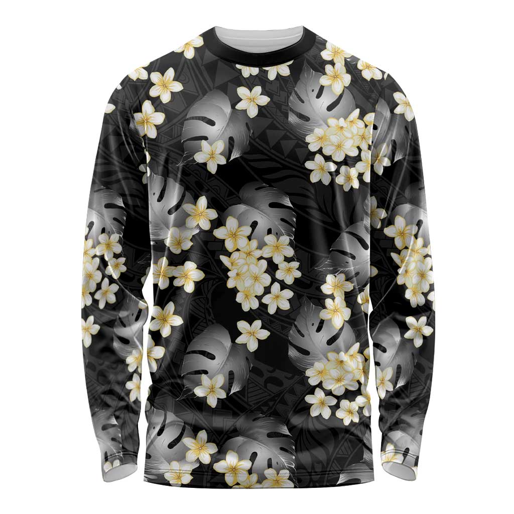 Black Tropical Hawaii Long Sleeve Shirt Seamless Monstera Plumeria Hawaiian Pattern LT14 Unisex Black - Polynesian Pride