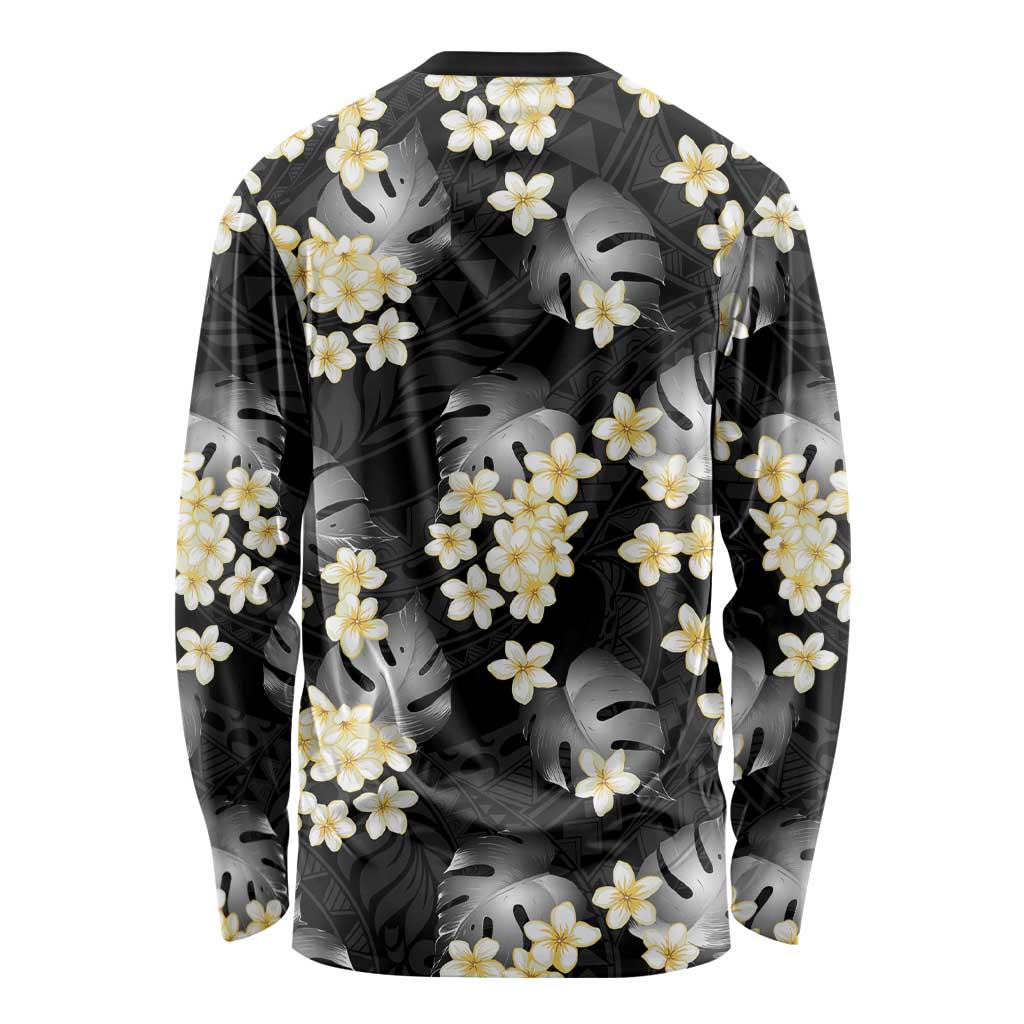 Black Tropical Hawaii Long Sleeve Shirt Seamless Monstera Plumeria Hawaiian Pattern LT14 - Polynesian Pride