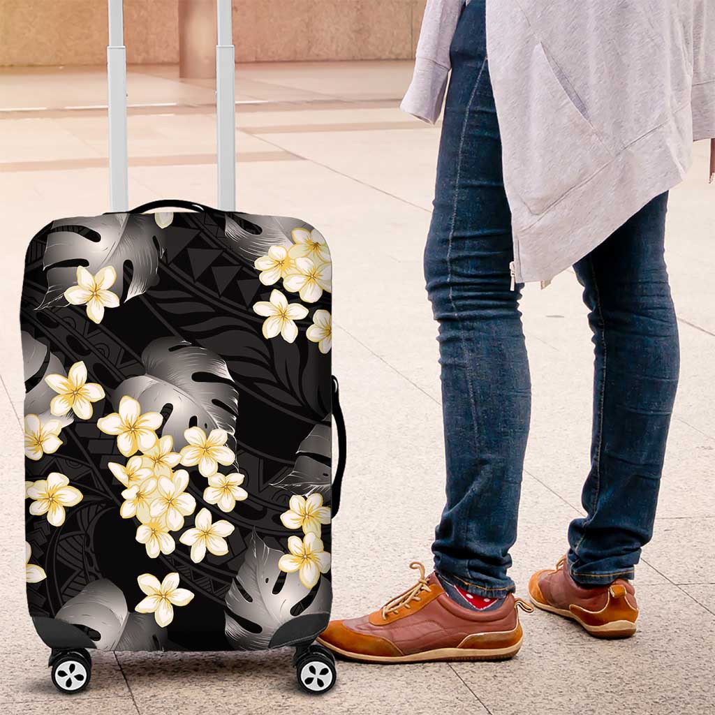 Black Tropical Hawaii Luggage Cover Seamless Monstera Plumeria Hawaiian Pattern - Polynesian Pride