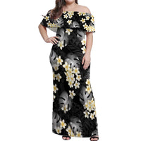 Black Tropical Hawaii Off Shoulder Maxi Dress Seamless Monstera Plumeria Hawaiian Pattern - Polynesian Pride