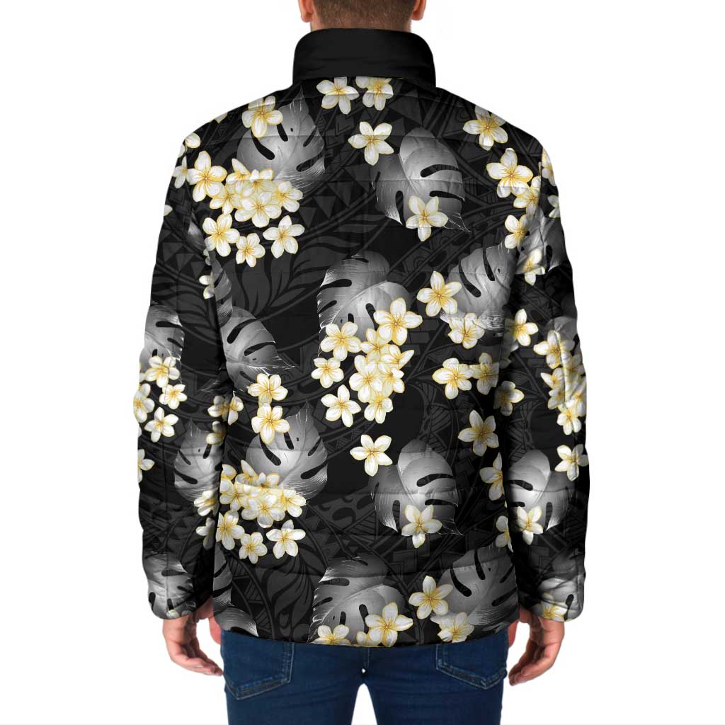 Black Tropical Hawaii Padded Jacket Seamless Monstera Plumeria Hawaiian Pattern - Polynesian Pride