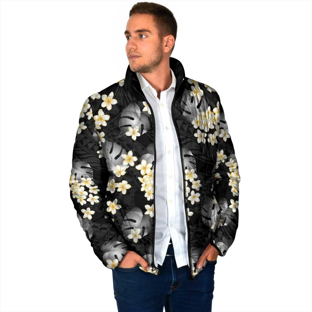 Black Tropical Hawaii Padded Jacket Seamless Monstera Plumeria Hawaiian Pattern - Polynesian Pride