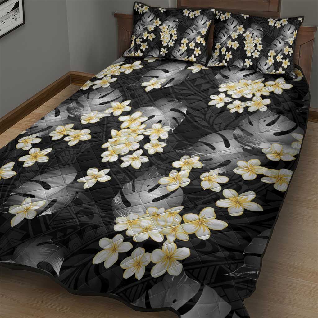 Black Tropical Hawaii Quilt Bed Set Seamless Monstera Plumeria Hawaiian Pattern - Polynesian Pride