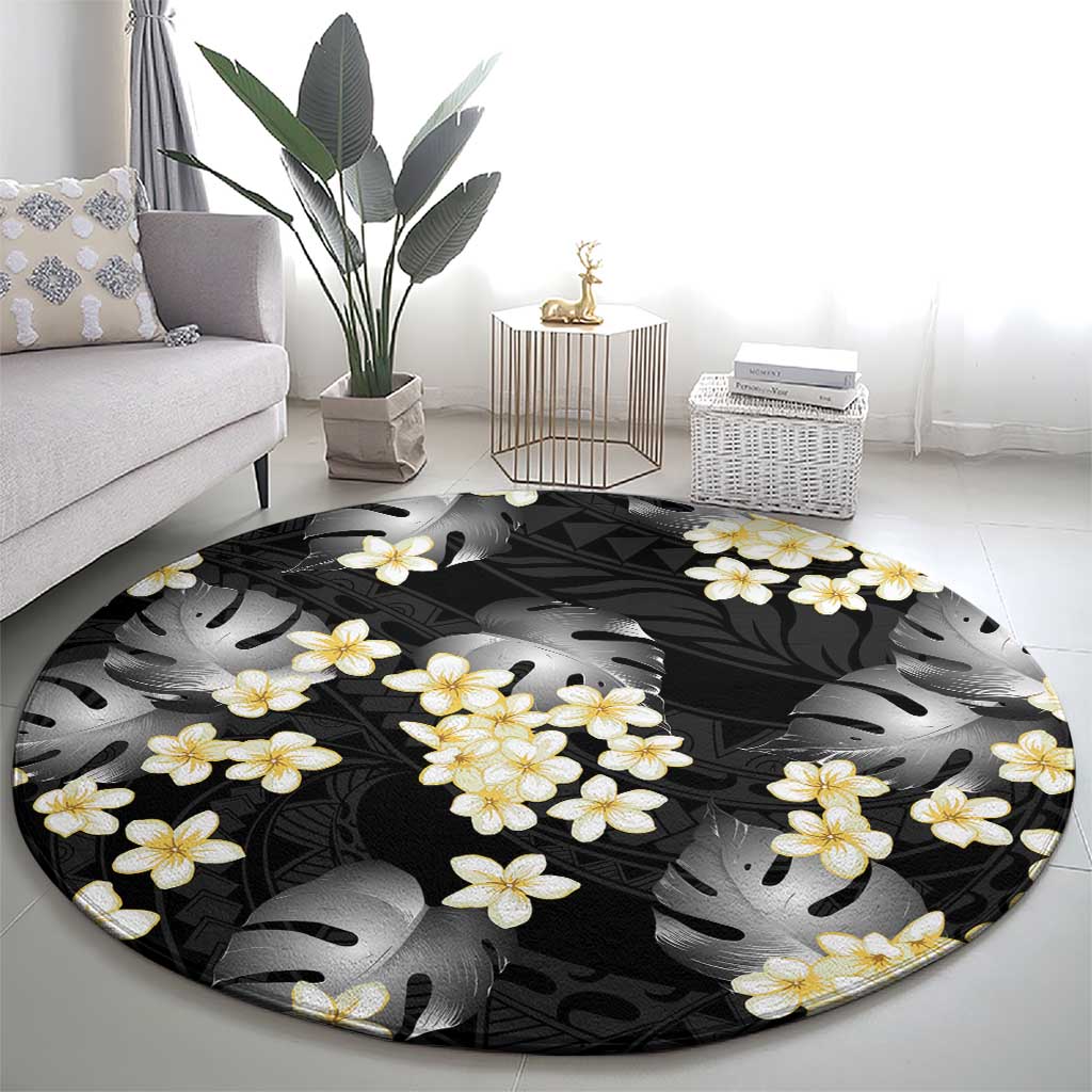 Black Tropical Hawaii Round Carpet Seamless Monstera Plumeria Hawaiian Pattern - Polynesian Pride