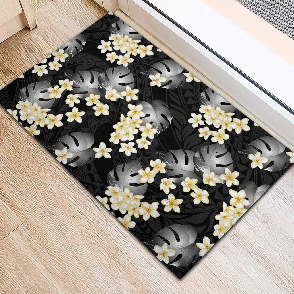 Black Tropical Hawaii Rubber Doormat Seamless Monstera Plumeria Hawaiian Pattern LT14 - Polynesian Pride