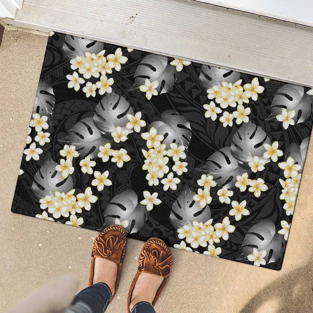 Black Tropical Hawaii Rubber Doormat Seamless Monstera Plumeria Hawaiian Pattern LT14 - Polynesian Pride