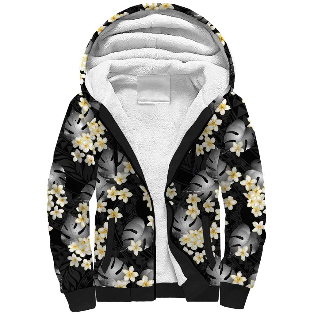 Black Tropical Hawaii Sherpa Hoodie Seamless Monstera Plumeria Hawaiian Pattern LT14 Unisex Black - Polynesian Pride