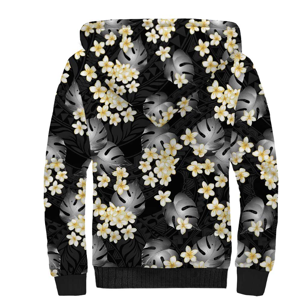 Black Tropical Hawaii Sherpa Hoodie Seamless Monstera Plumeria Hawaiian Pattern LT14 - Polynesian Pride