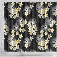 Black Tropical Hawaii Shower Curtain Seamless Monstera Plumeria Hawaiian Pattern - Polynesian Pride