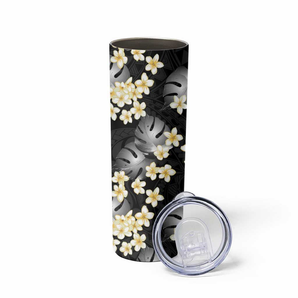 Black Tropical Hawaii Skinny Tumbler Seamless Monstera Plumeria Hawaiian Pattern - Polynesian Pride
