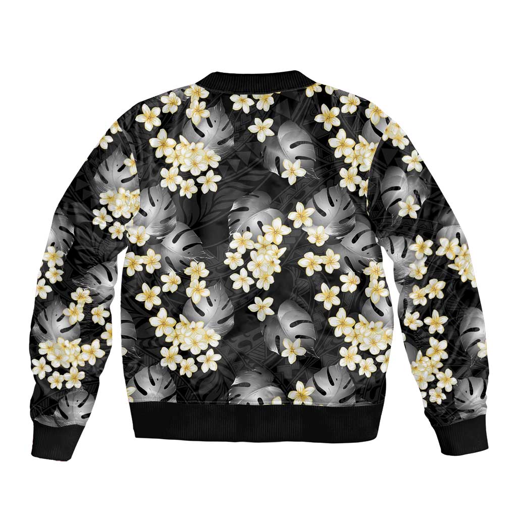 Black Tropical Hawaii Sleeve Zip Bomber Jacket Seamless Monstera Plumeria Hawaiian Pattern - Polynesian Pride