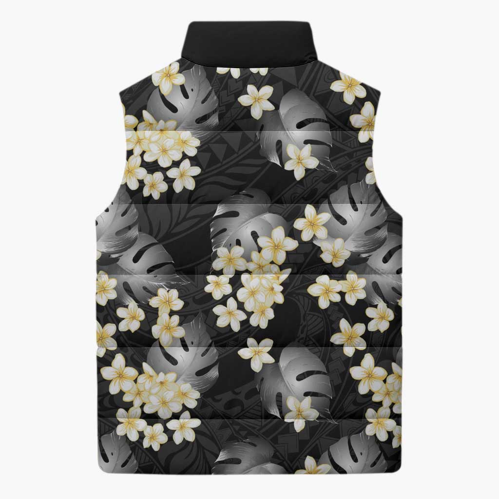 Black Tropical Hawaii Sleeveless Puffer Jacket Seamless Monstera Plumeria Hawaiian Pattern - Polynesian Pride