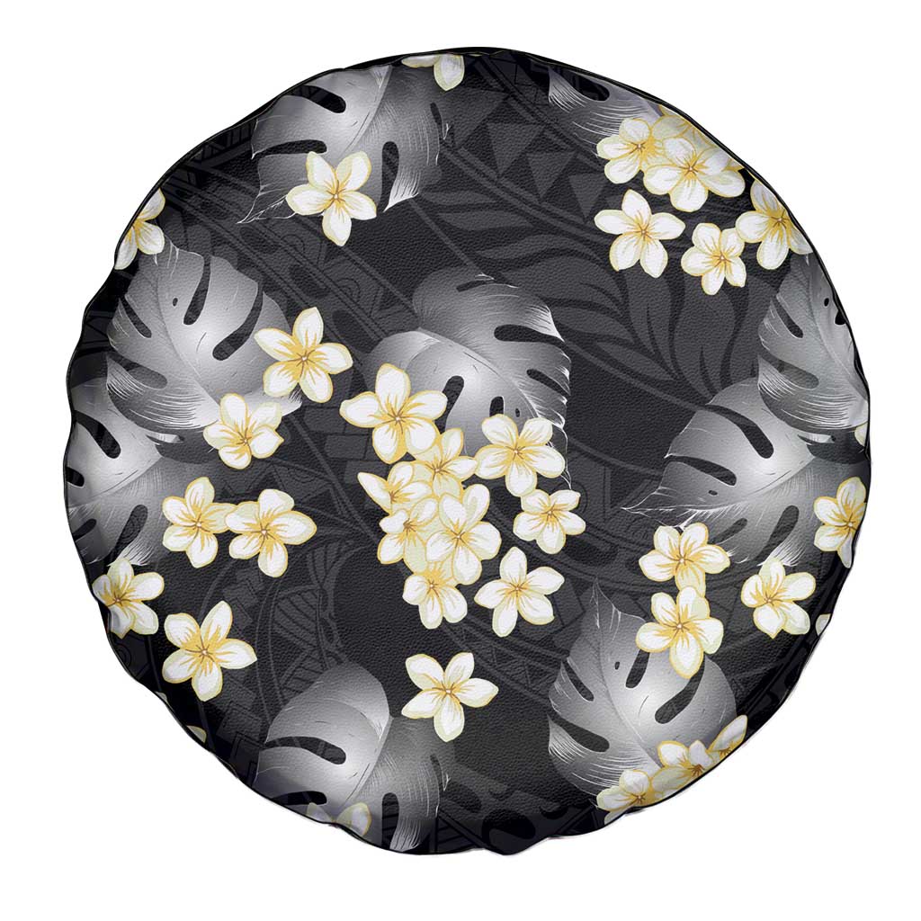 Black Tropical Hawaii Spare Tire Cover Seamless Monstera Plumeria Hawaiian Pattern - Polynesian Pride