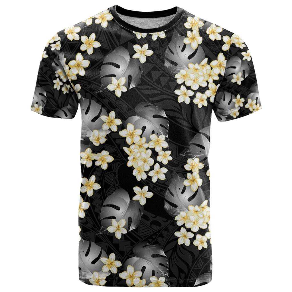 Black Tropical Hawaii T Shirt Seamless Monstera Plumeria Hawaiian Pattern - Polynesian Pride