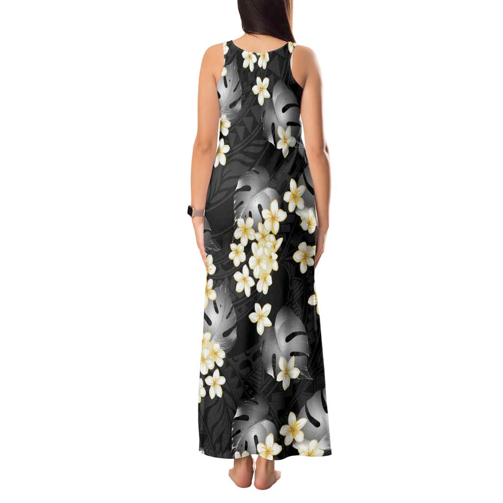 Black Tropical Hawaii Tank Maxi Dress Seamless Monstera Plumeria Hawaiian Pattern - Polynesian Pride