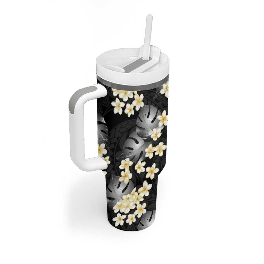 Black Tropical Hawaii Tumbler With Handle Seamless Monstera Plumeria Hawaiian Pattern - Polynesian Pride