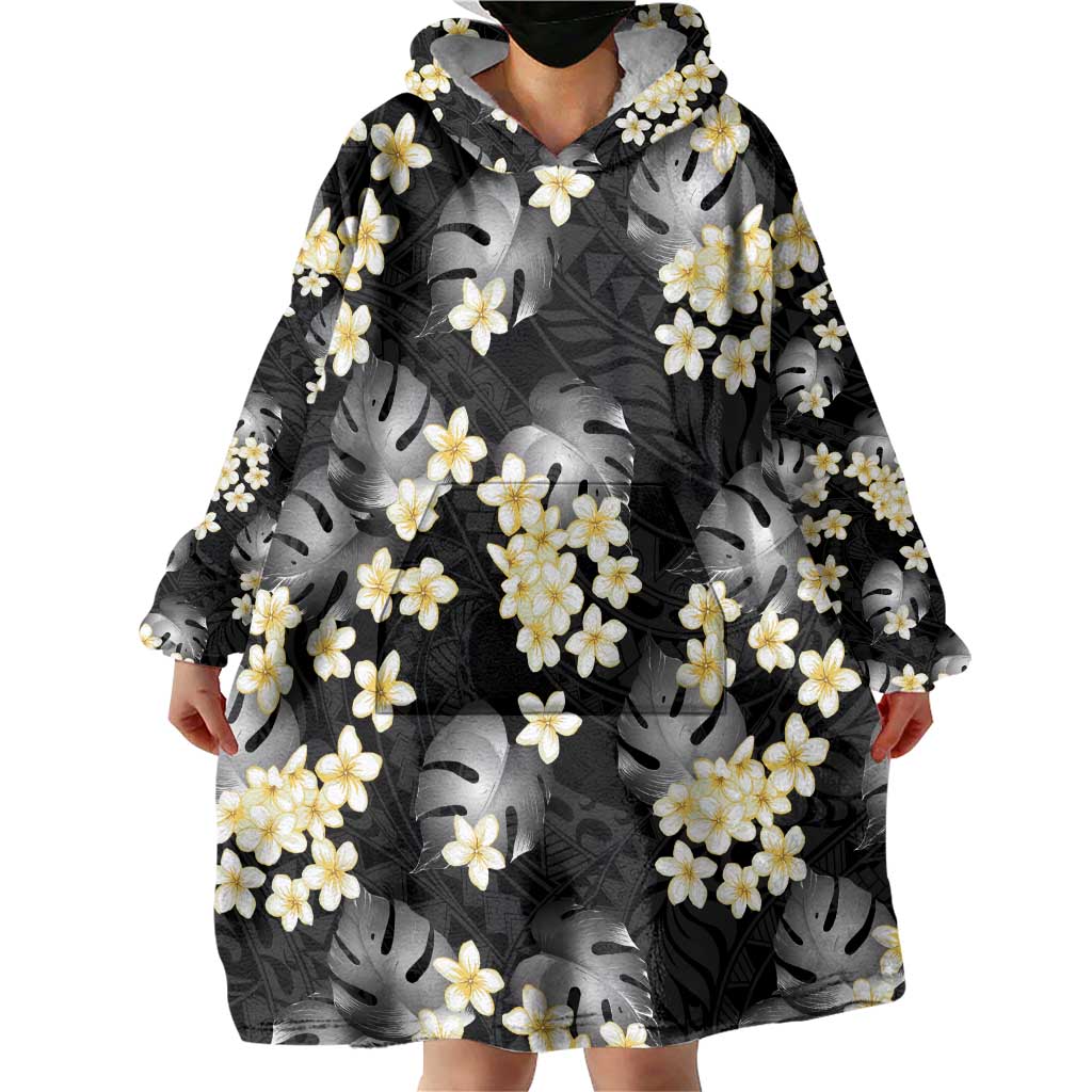 Black Tropical Hawaii Wearable Blanket Hoodie Seamless Monstera Plumeria Hawaiian Pattern LT14 - Polynesian Pride