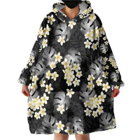 Black Tropical Hawaii Wearable Blanket Hoodie Seamless Monstera Plumeria Hawaiian Pattern LT14 - Polynesian Pride
