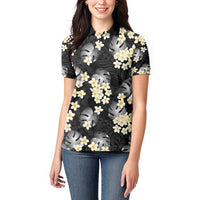 Black Tropical Hawaii Women Polo Shirt Seamless Monstera Plumeria Hawaiian Pattern - Polynesian Pride