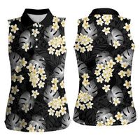 Black Tropical Hawaii Women Sleeveless Polo Shirt Seamless Monstera Plumeria Hawaiian Pattern LT14 - Polynesian Pride