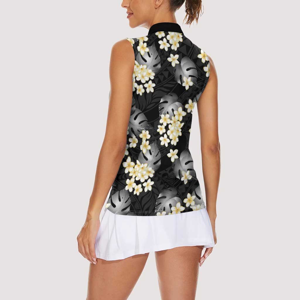 Black Tropical Hawaii Women Sleeveless Polo Shirt Seamless Monstera Plumeria Hawaiian Pattern LT14 - Polynesian Pride