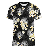 Black Tropical Hawaii Women V-Neck T-Shirt Seamless Monstera Plumeria Hawaiian Pattern - Polynesian Pride