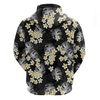 Black Tropical Hawaii Zip Hoodie Seamless Monstera Plumeria Hawaiian Pattern - Polynesian Pride