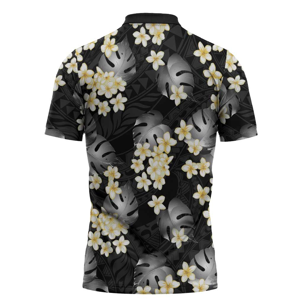 Black Tropical Hawaii Zipper Polo Shirt Seamless Monstera Plumeria Hawaiian Pattern - Polynesian Pride