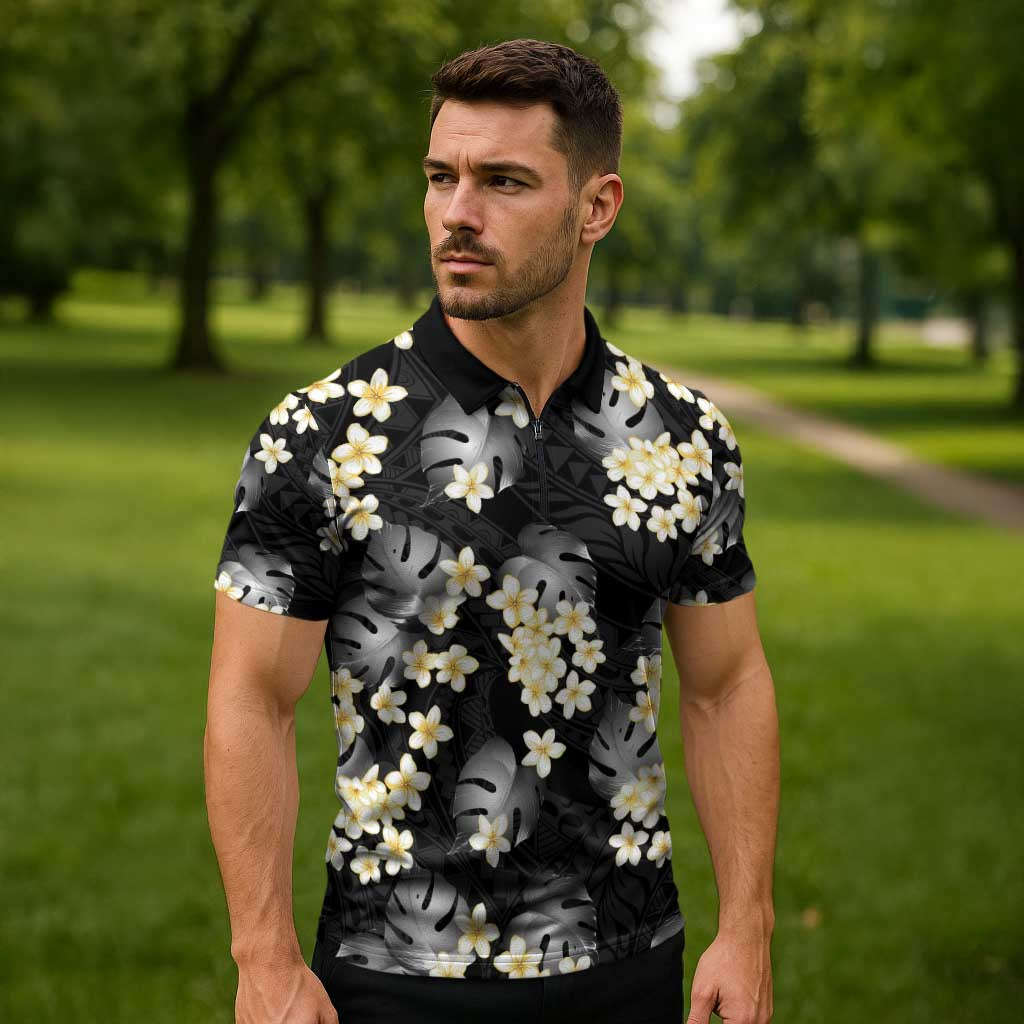Black Tropical Hawaii Zipper Polo Shirt Seamless Monstera Plumeria Hawaiian Pattern - Polynesian Pride