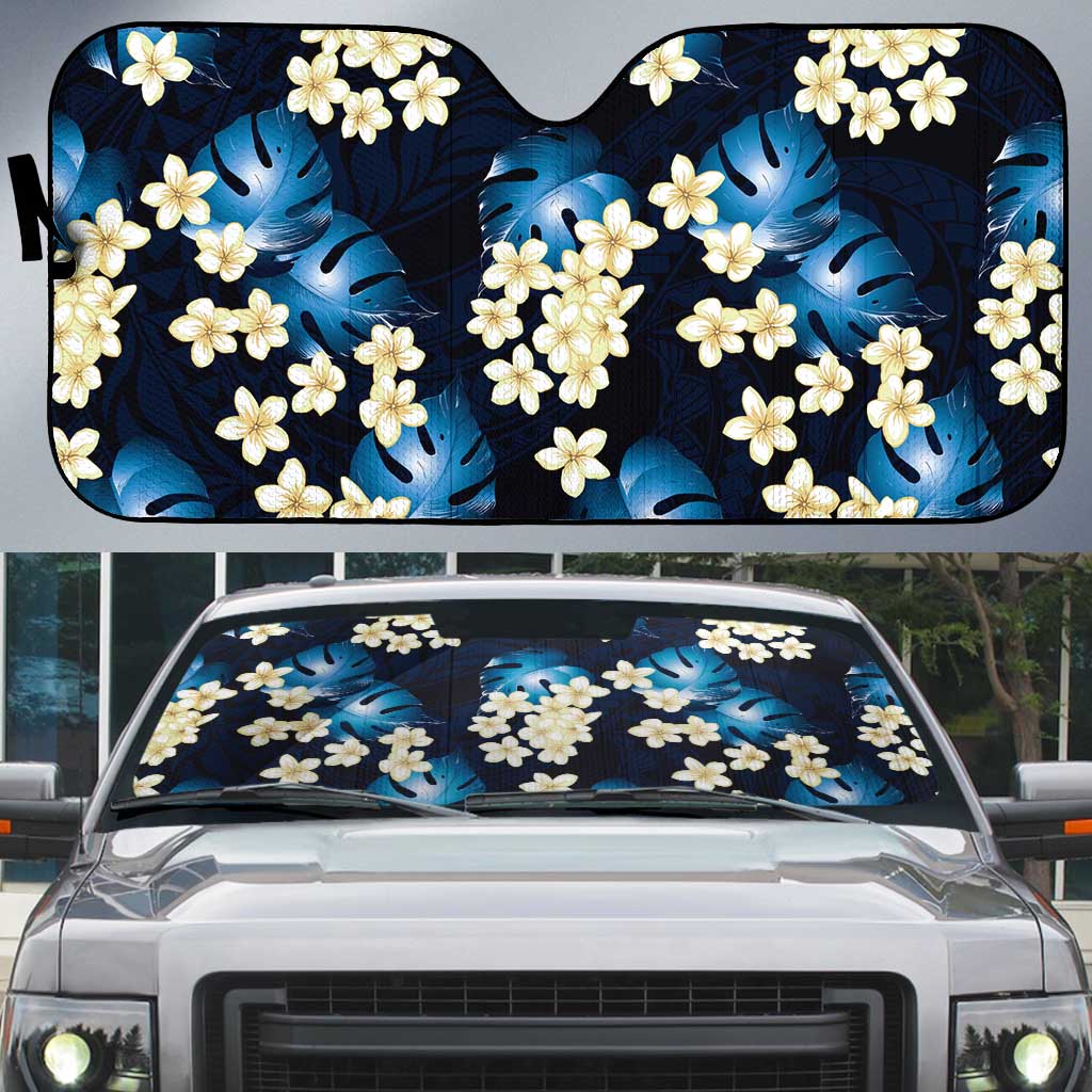 Blue Tropical Hawaii Auto Sun Shade Seamless Monstera Plumeria Hawaiian Pattern - Polynesian Pride