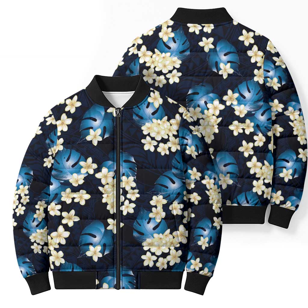 Blue Tropical Hawaii Bomber Puffer Jacket Seamless Monstera Plumeria Hawaiian Pattern LT14 - Polynesian Pride
