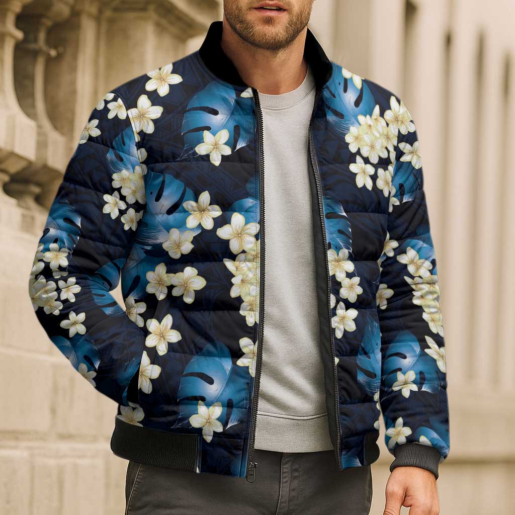 Blue Tropical Hawaii Bomber Puffer Jacket Seamless Monstera Plumeria Hawaiian Pattern LT14 - Polynesian Pride
