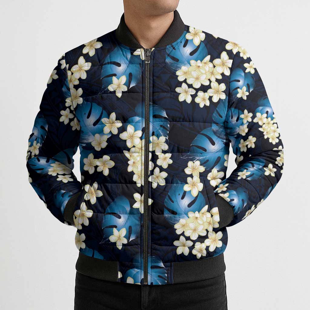 Blue Tropical Hawaii Bomber Puffer Jacket Seamless Monstera Plumeria Hawaiian Pattern LT14 - Polynesian Pride
