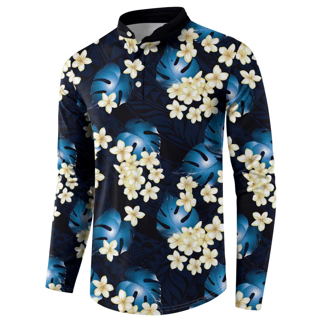 Blue Tropical Hawaii Button Sweatshirt Seamless Monstera Plumeria Hawaiian Pattern LT14 - Polynesian Pride