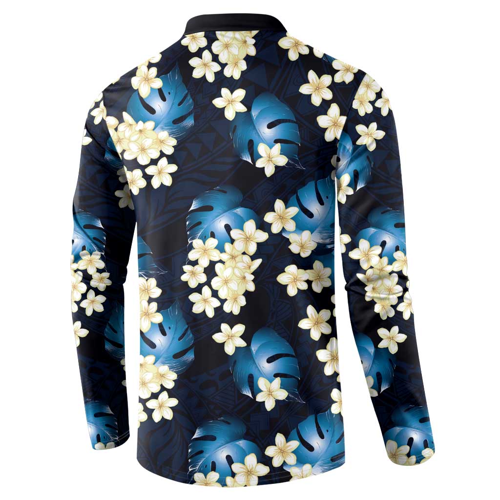 Blue Tropical Hawaii Button Sweatshirt Seamless Monstera Plumeria Hawaiian Pattern LT14 - Polynesian Pride