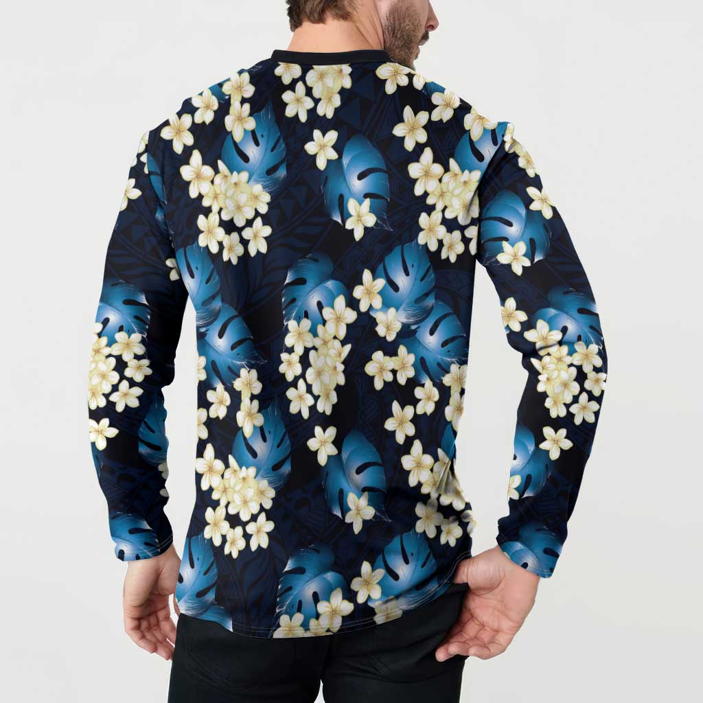 Blue Tropical Hawaii Button Sweatshirt Seamless Monstera Plumeria Hawaiian Pattern LT14 - Polynesian Pride