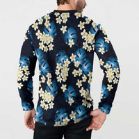 Blue Tropical Hawaii Button Sweatshirt Seamless Monstera Plumeria Hawaiian Pattern LT14 - Polynesian Pride