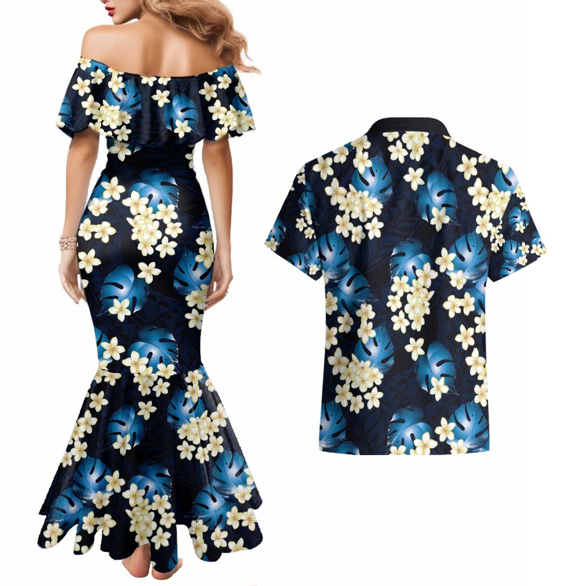 Blue Tropical Hawaii Couples Matching Mermaid Dress and Hawaiian Shirt Seamless Monstera Plumeria Hawaiian Pattern - Polynesian Pride