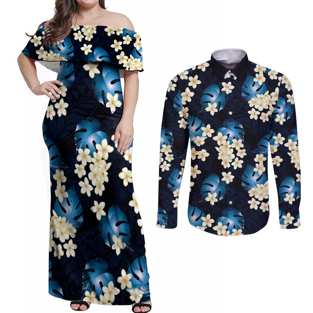 Blue Tropical Hawaii Couples Matching Off Shoulder Maxi Dress and Long Sleeve Button Shirt Seamless Monstera Plumeria Hawaiian Pattern - Polynesian Pride