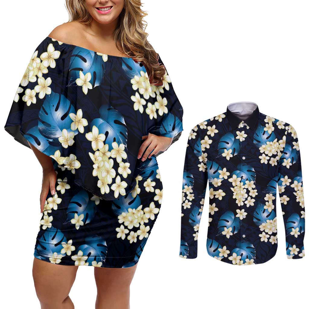 Blue Tropical Hawaii Couples Matching Off Shoulder Short Dress and Long Sleeve Button Shirt Seamless Monstera Plumeria Hawaiian Pattern - Polynesian Pride