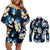 Blue Tropical Hawaii Couples Matching Off Shoulder Short Dress and Long Sleeve Button Shirt Seamless Monstera Plumeria Hawaiian Pattern - Polynesian Pride