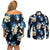 Blue Tropical Hawaii Couples Matching Off Shoulder Short Dress and Long Sleeve Button Shirt Seamless Monstera Plumeria Hawaiian Pattern - Polynesian Pride
