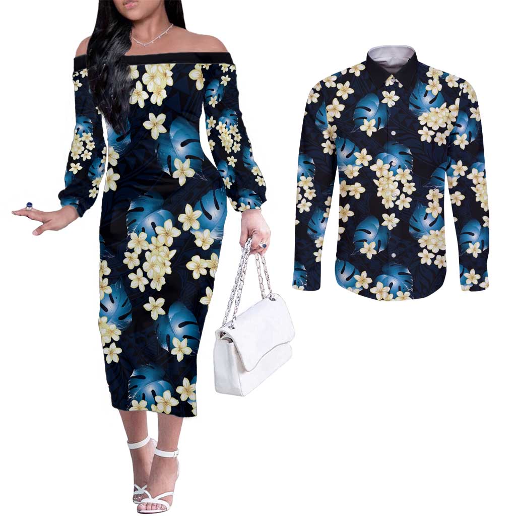 Blue Tropical Hawaii Couples Matching Off The Shoulder Long Sleeve Dress and Long Sleeve Button Shirt Seamless Monstera Plumeria Hawaiian Pattern - Polynesian Pride