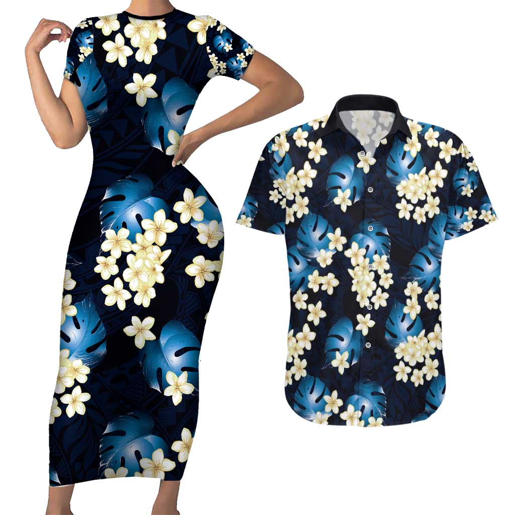 Blue Tropical Hawaii Couples Matching Short Sleeve Bodycon Dress and Hawaiian Shirt Seamless Monstera Plumeria Hawaiian Pattern - Polynesian Pride