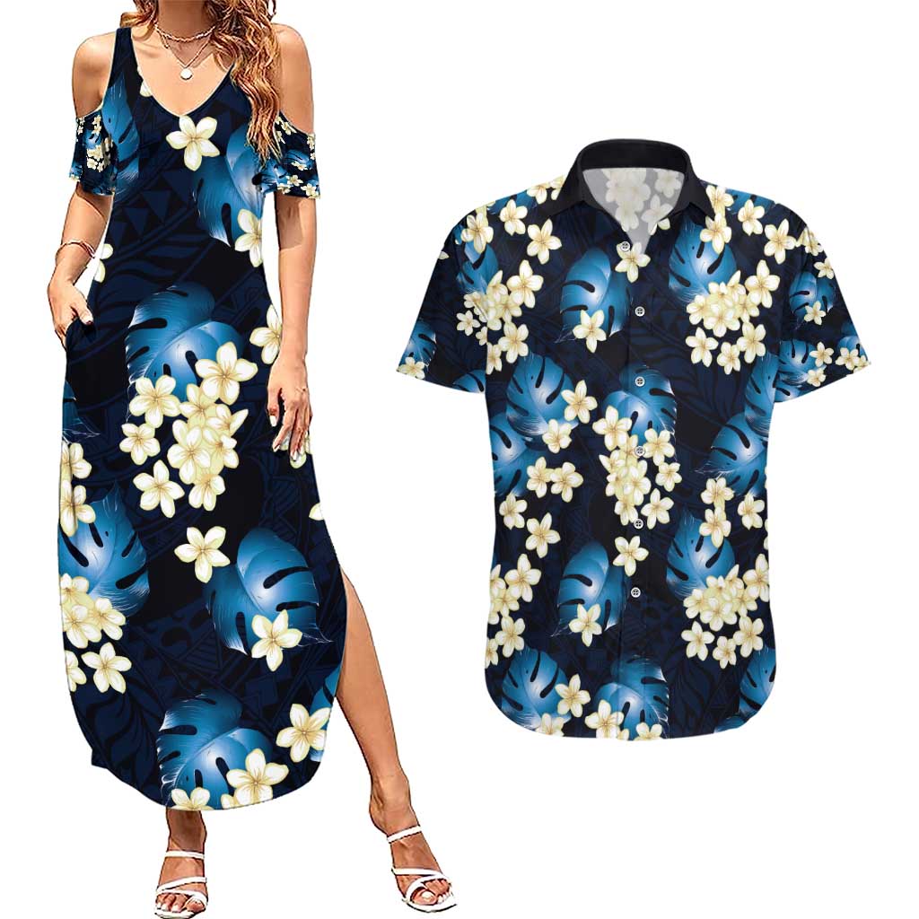 Blue Tropical Hawaii Couples Matching Summer Maxi Dress and Hawaiian Shirt Seamless Monstera Plumeria Hawaiian Pattern - Polynesian Pride