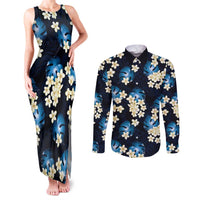 Blue Tropical Hawaii Couples Matching Tank Maxi Dress and Long Sleeve Button Shirt Seamless Monstera Plumeria Hawaiian Pattern - Polynesian Pride
