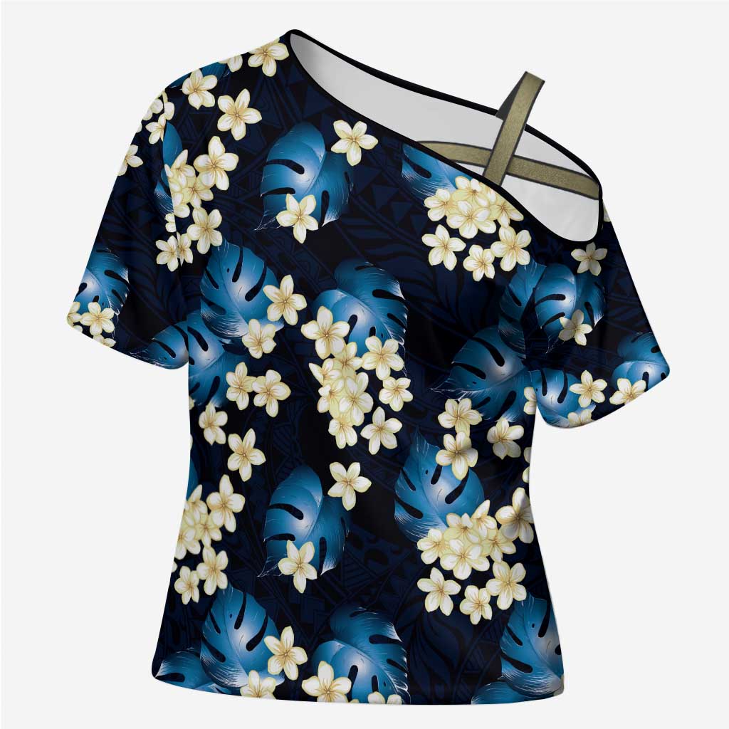 Blue Tropical Hawaii Cross Shoulder Shirt Seamless Monstera Plumeria Hawaiian Pattern LT14 Female Blue - Polynesian Pride